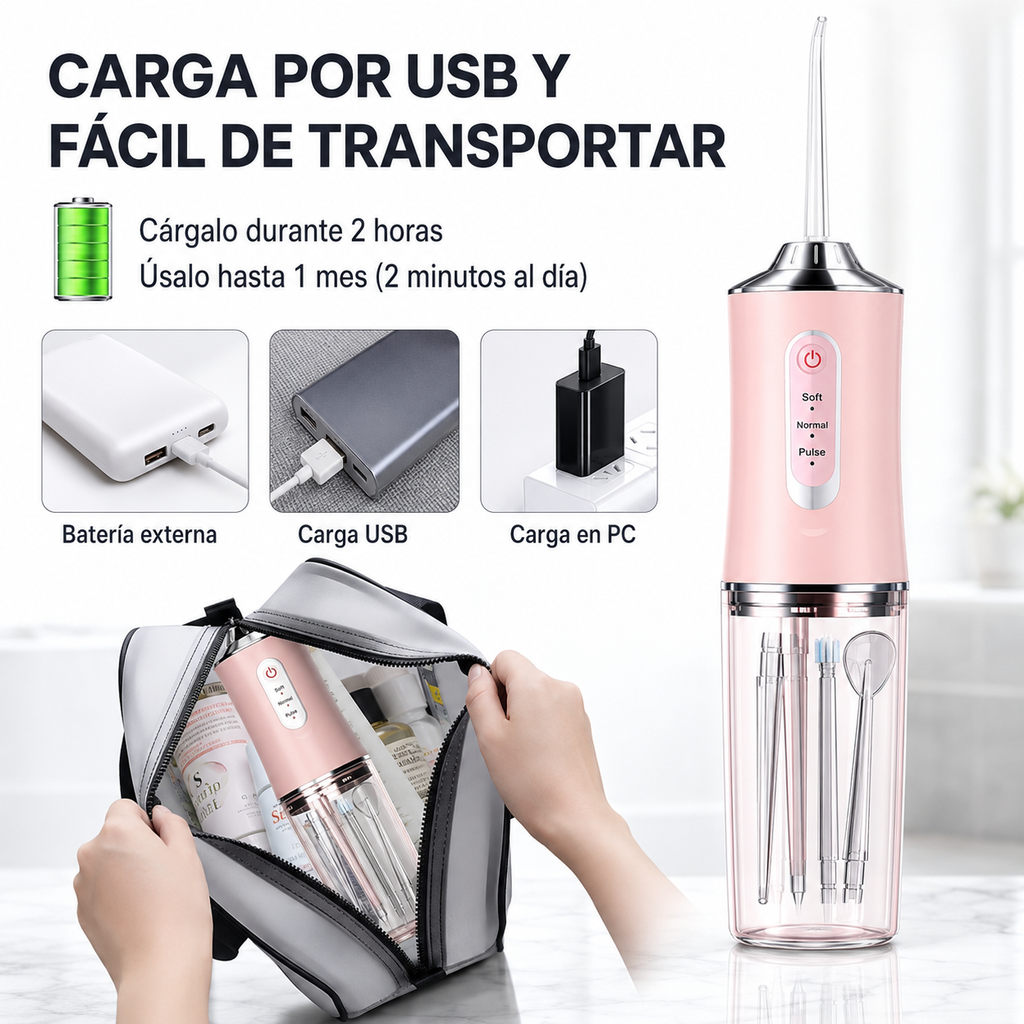 Irrigador Bucal Eléctrico Inalámbrico – 3 Niveles de Presión, IPX6, Depósito de 220 ml