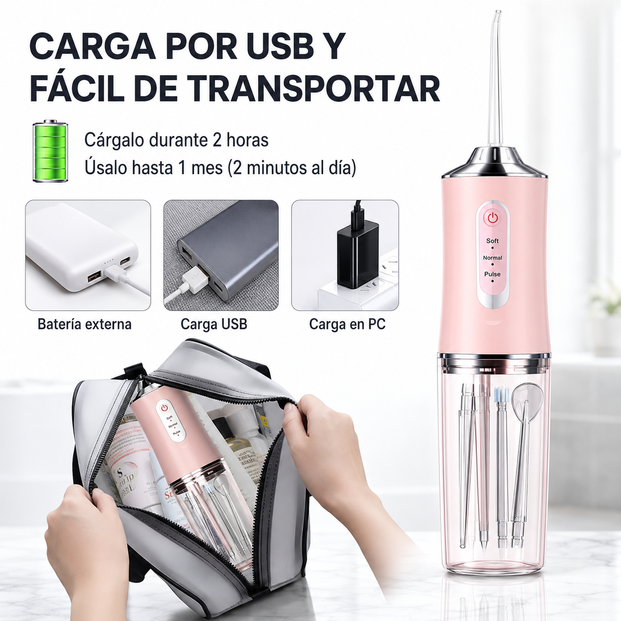 Irrigador Bucal Eléctrico Inalámbrico – 3 Niveles de Presión, IPX6, Depósito de 220 ml