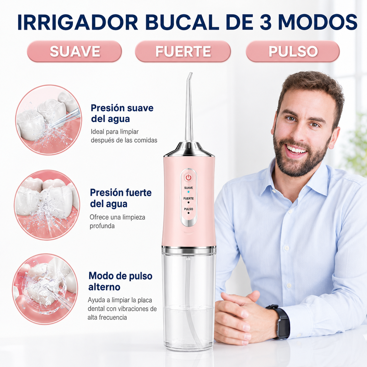 Irrigador Bucal Eléctrico Inalámbrico – 3 Niveles de Presión, IPX6, Depósito de 220 ml