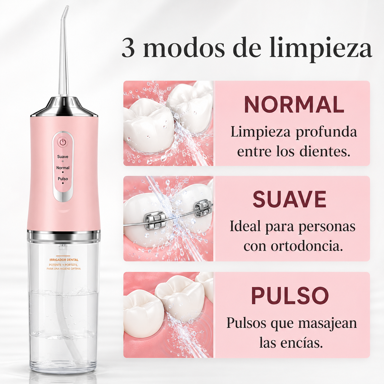 Irrigador Bucal Eléctrico Inalámbrico – 3 Niveles de Presión, IPX6, Depósito de 220 ml