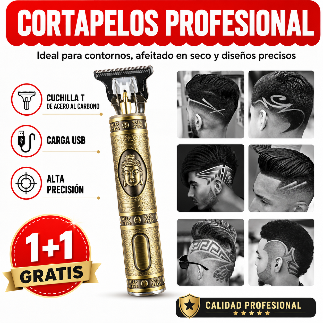 1+1 GRATIS - Cortapelos Profesional con Cuchilla en T de Acero al Carbono – Ideal para Perfilado, Afeitado en Seco y Carga USB