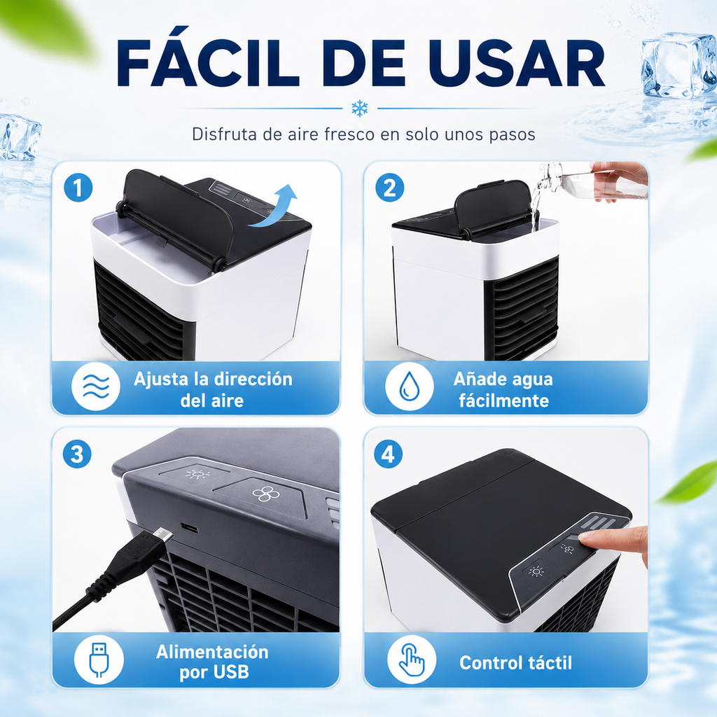 Mini Aire Acondicionado Portátil 3 en 1 con Carga USB