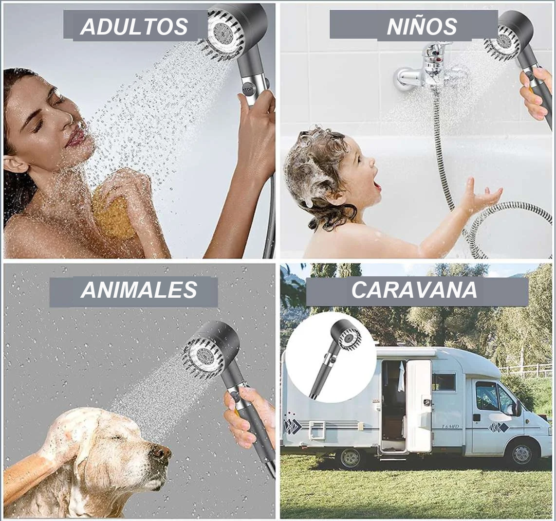 Cabezal de ducha de alta presión HydroFlex Shower, 3 funciones diferentes, cepillo adjunto